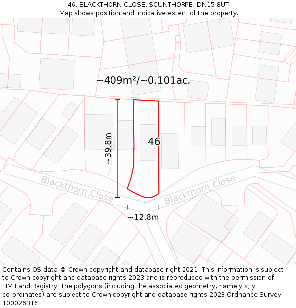 46, BLACKTHORN CLOSE, SCUNTHORPE, DN15 8UT: Plot and title map