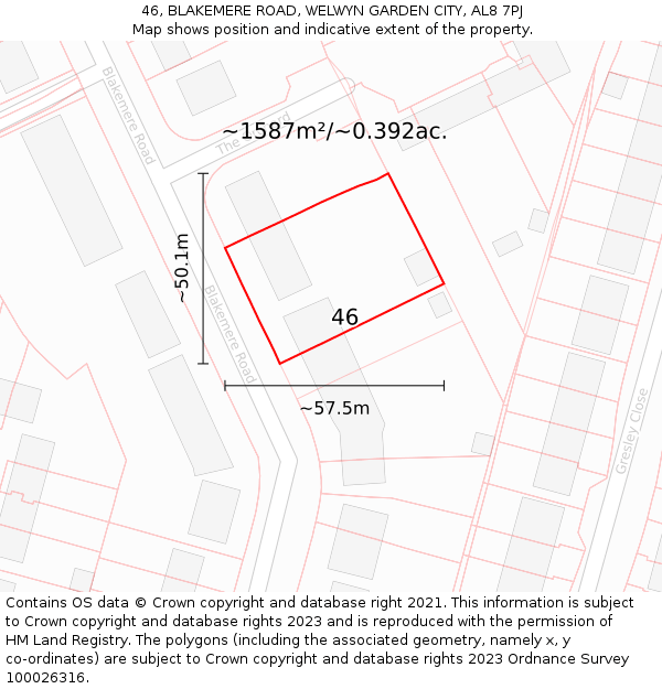 46, BLAKEMERE ROAD, WELWYN GARDEN CITY, AL8 7PJ: Plot and title map