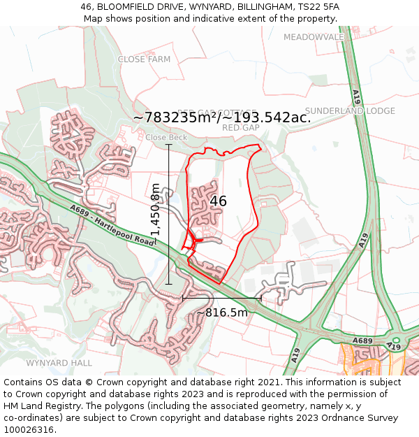 46, BLOOMFIELD DRIVE, WYNYARD, BILLINGHAM, TS22 5FA: Plot and title map