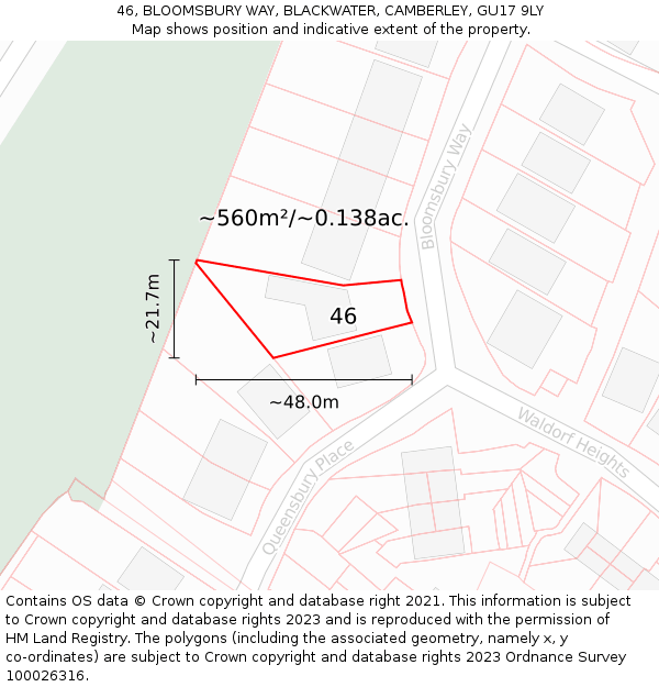 46, BLOOMSBURY WAY, BLACKWATER, CAMBERLEY, GU17 9LY: Plot and title map