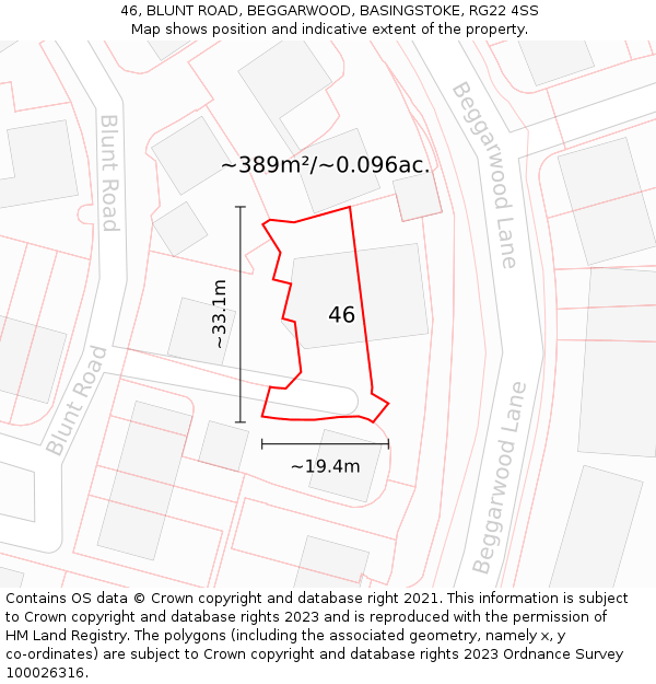 46, BLUNT ROAD, BEGGARWOOD, BASINGSTOKE, RG22 4SS: Plot and title map