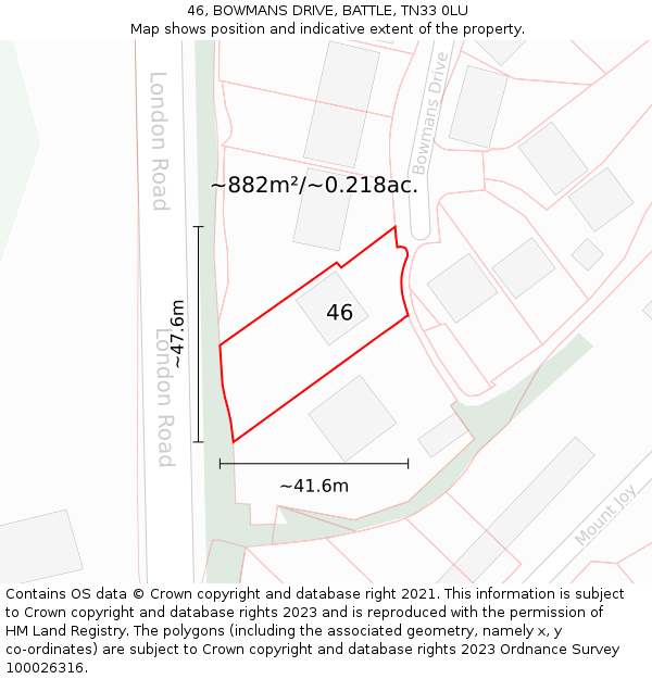 46, BOWMANS DRIVE, BATTLE, TN33 0LU: Plot and title map