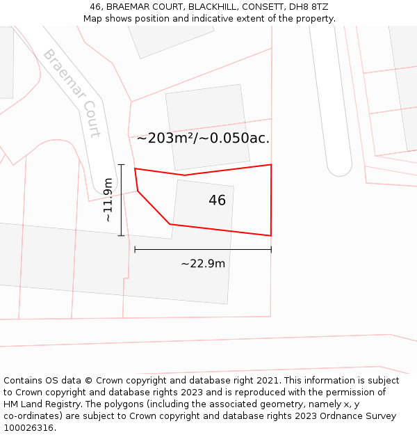 46, BRAEMAR COURT, BLACKHILL, CONSETT, DH8 8TZ: Plot and title map