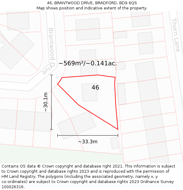46, BRANTWOOD DRIVE, BRADFORD, BD9 6QS: Plot and title map