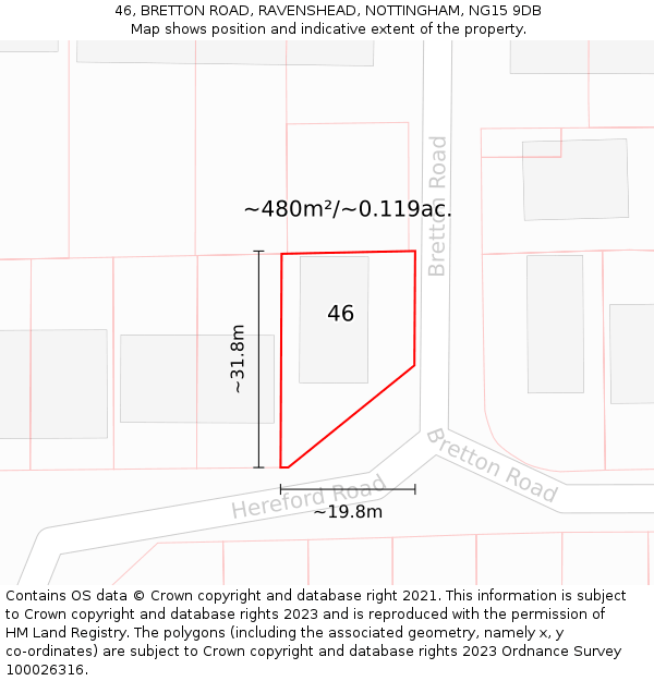 46, BRETTON ROAD, RAVENSHEAD, NOTTINGHAM, NG15 9DB: Plot and title map