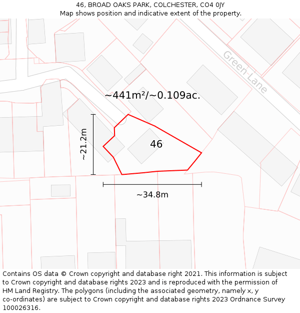 46, BROAD OAKS PARK, COLCHESTER, CO4 0JY: Plot and title map