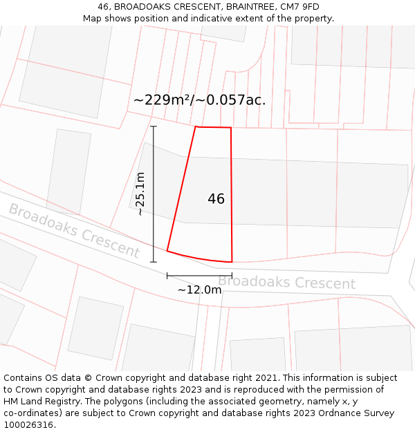 46, BROADOAKS CRESCENT, BRAINTREE, CM7 9FD: Plot and title map
