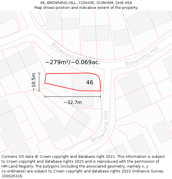 46, BROWNING HILL, COXHOE, DURHAM, DH6 4SA: Plot and title map