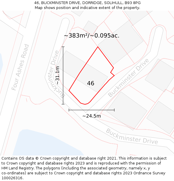 46, BUCKMINSTER DRIVE, DORRIDGE, SOLIHULL, B93 8PG: Plot and title map