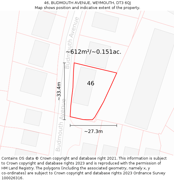 46, BUDMOUTH AVENUE, WEYMOUTH, DT3 6QJ: Plot and title map