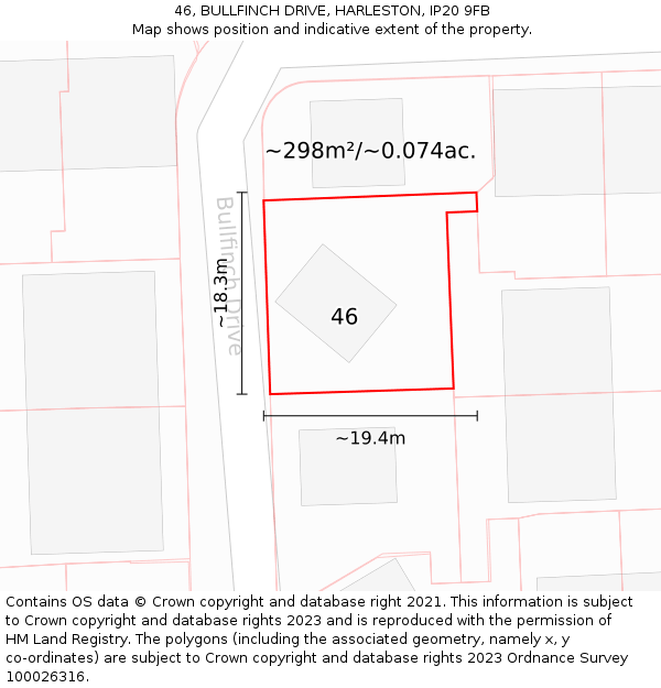 46, BULLFINCH DRIVE, HARLESTON, IP20 9FB: Plot and title map