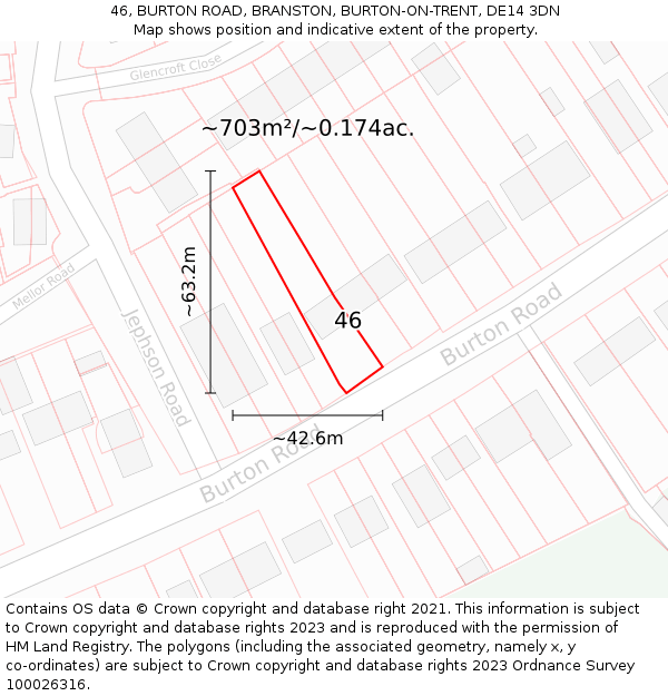 46, BURTON ROAD, BRANSTON, BURTON-ON-TRENT, DE14 3DN: Plot and title map