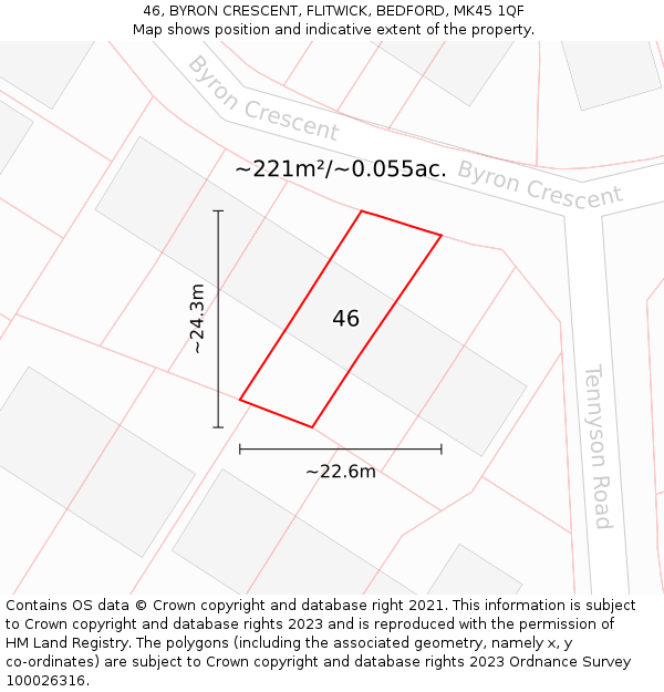 46, BYRON CRESCENT, FLITWICK, BEDFORD, MK45 1QF: Plot and title map