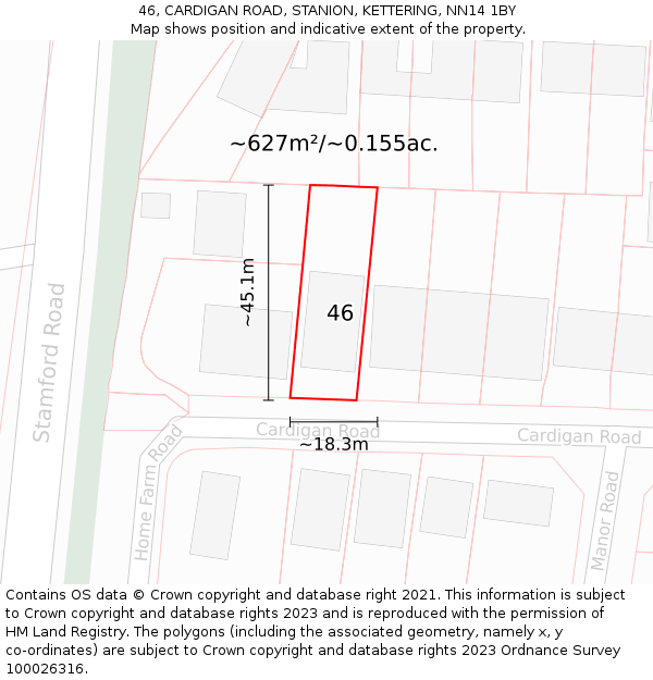 46, CARDIGAN ROAD, STANION, KETTERING, NN14 1BY: Plot and title map