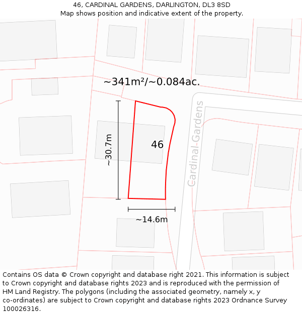 46, CARDINAL GARDENS, DARLINGTON, DL3 8SD: Plot and title map