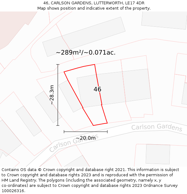 46, CARLSON GARDENS, LUTTERWORTH, LE17 4DR: Plot and title map