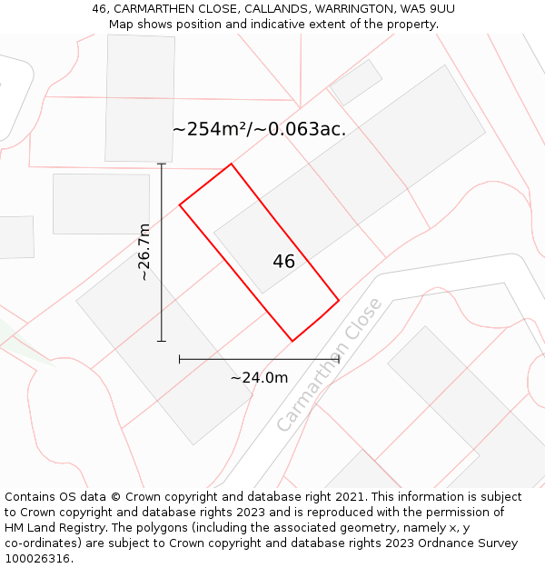 46, CARMARTHEN CLOSE, CALLANDS, WARRINGTON, WA5 9UU: Plot and title map