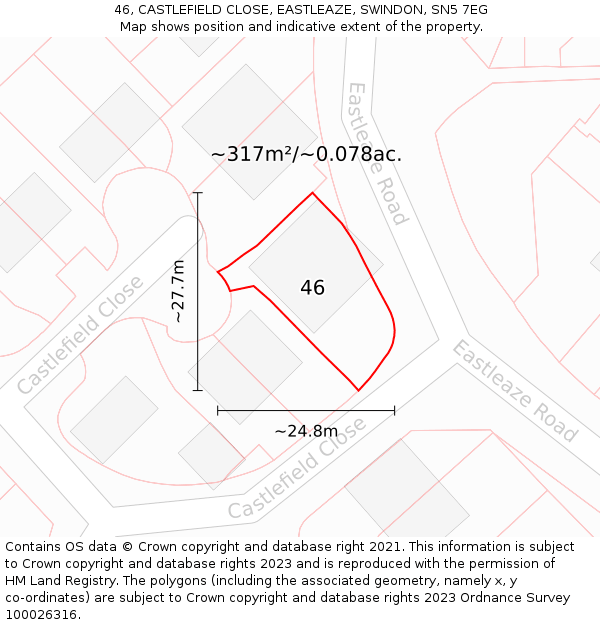 46, CASTLEFIELD CLOSE, EASTLEAZE, SWINDON, SN5 7EG: Plot and title map