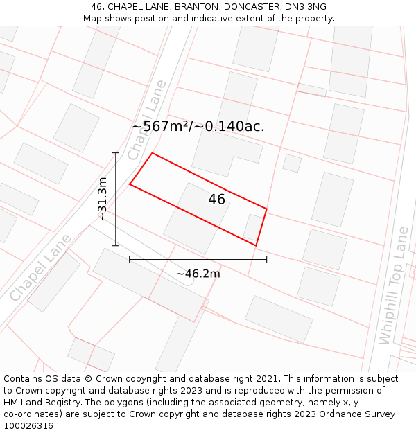 46, CHAPEL LANE, BRANTON, DONCASTER, DN3 3NG: Plot and title map