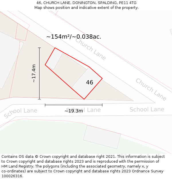 46, CHURCH LANE, DONINGTON, SPALDING, PE11 4TG: Plot and title map