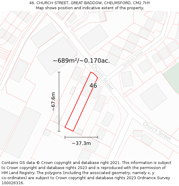 46, CHURCH STREET, GREAT BADDOW, CHELMSFORD, CM2 7HY: Plot and title map