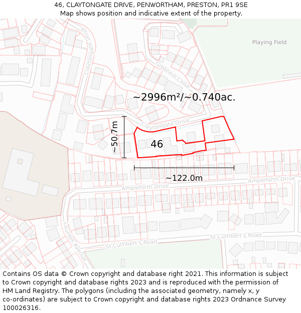 46, CLAYTONGATE DRIVE, PENWORTHAM, PRESTON, PR1 9SE: Plot and title map