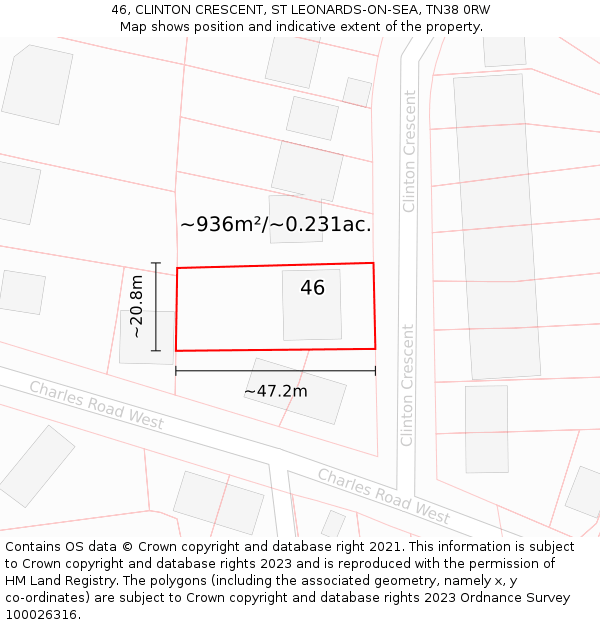 46, CLINTON CRESCENT, ST LEONARDS-ON-SEA, TN38 0RW: Plot and title map