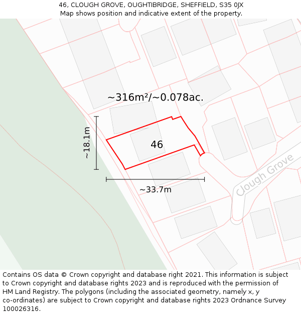 46, CLOUGH GROVE, OUGHTIBRIDGE, SHEFFIELD, S35 0JX: Plot and title map