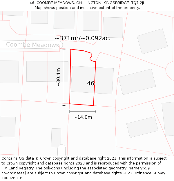 46, COOMBE MEADOWS, CHILLINGTON, KINGSBRIDGE, TQ7 2JL: Plot and title map