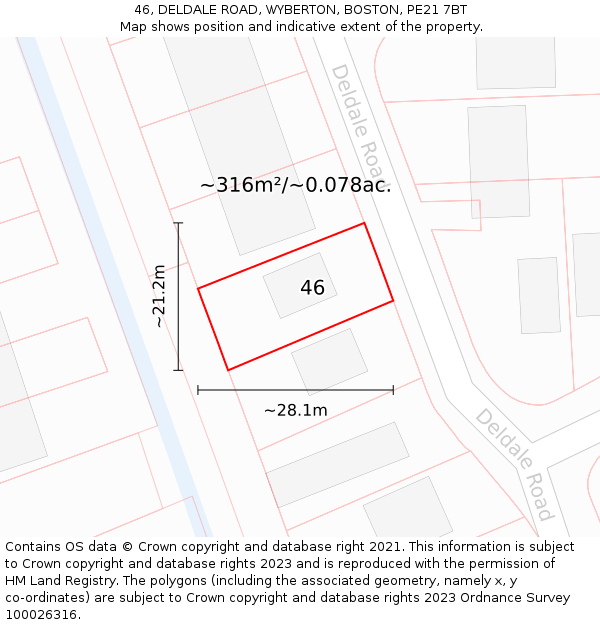 46, DELDALE ROAD, WYBERTON, BOSTON, PE21 7BT: Plot and title map