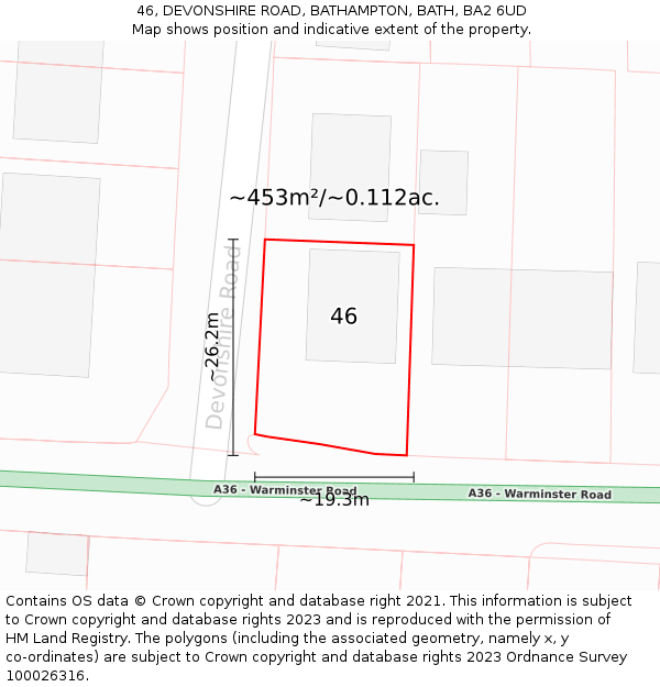 46, DEVONSHIRE ROAD, BATHAMPTON, BATH, BA2 6UD: Plot and title map