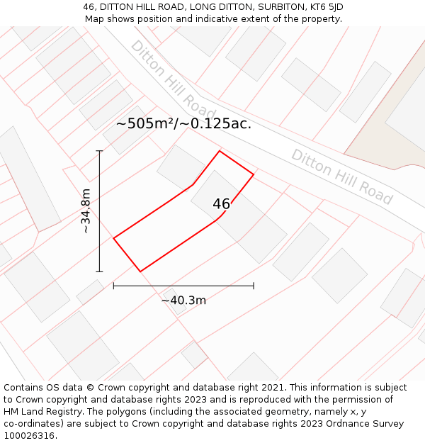 46, DITTON HILL ROAD, LONG DITTON, SURBITON, KT6 5JD: Plot and title map
