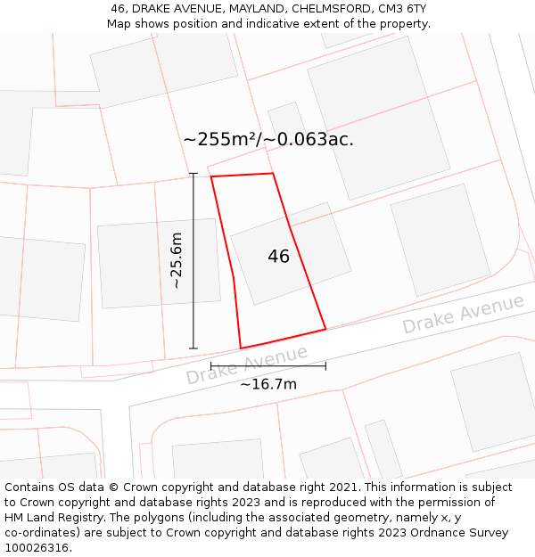 46, DRAKE AVENUE, MAYLAND, CHELMSFORD, CM3 6TY: Plot and title map