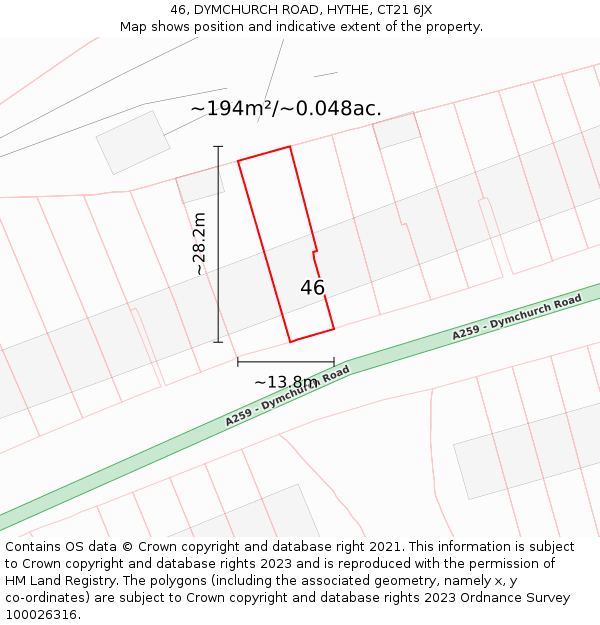 46, DYMCHURCH ROAD, HYTHE, CT21 6JX: Plot and title map