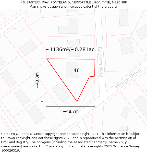 46, EASTERN WAY, PONTELAND, NEWCASTLE UPON TYNE, NE20 9PF: Plot and title map