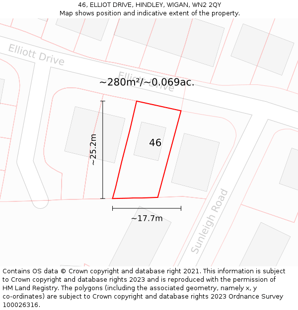 46, ELLIOT DRIVE, HINDLEY, WIGAN, WN2 2QY: Plot and title map