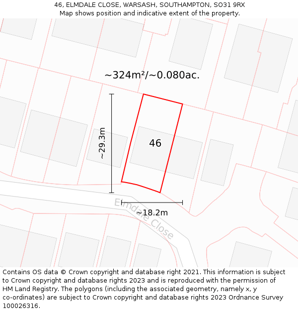 46, ELMDALE CLOSE, WARSASH, SOUTHAMPTON, SO31 9RX: Plot and title map