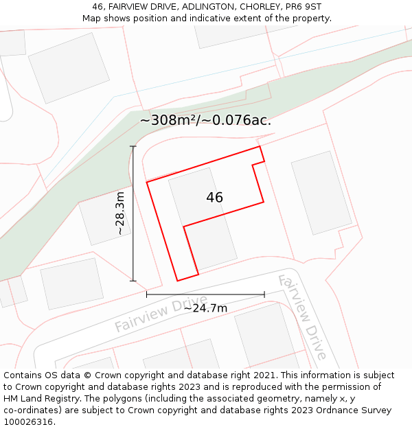 46, FAIRVIEW DRIVE, ADLINGTON, CHORLEY, PR6 9ST: Plot and title map
