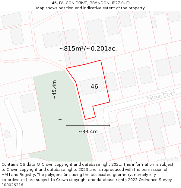 46, FALCON DRIVE, BRANDON, IP27 0UD: Plot and title map