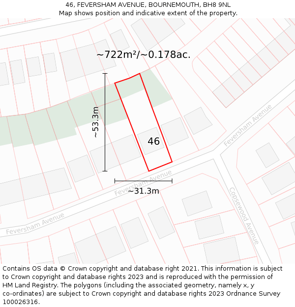 46, FEVERSHAM AVENUE, BOURNEMOUTH, BH8 9NL: Plot and title map