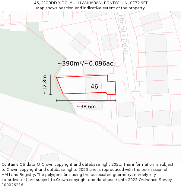 46, FFORDD Y DOLAU, LLANHARAN, PONTYCLUN, CF72 9FT: Plot and title map