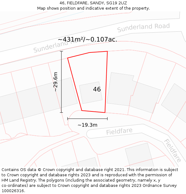 46, FIELDFARE, SANDY, SG19 2UZ: Plot and title map