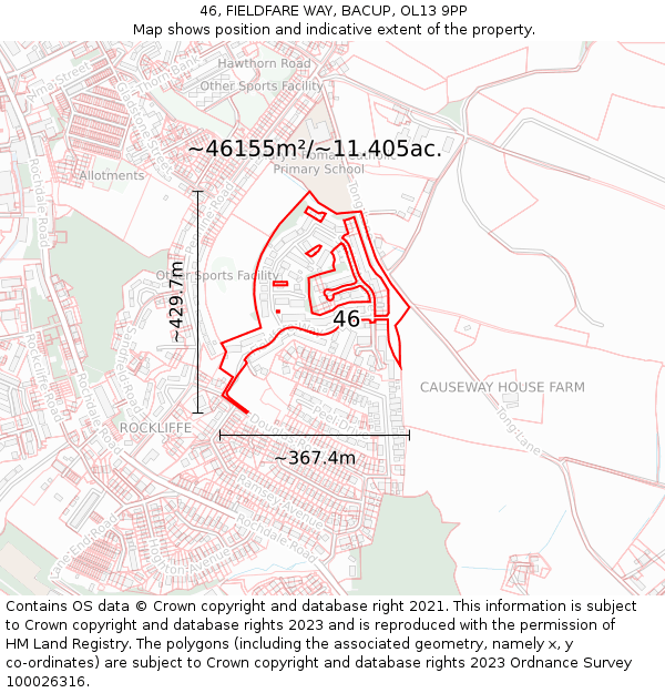 46, FIELDFARE WAY, BACUP, OL13 9PP: Plot and title map