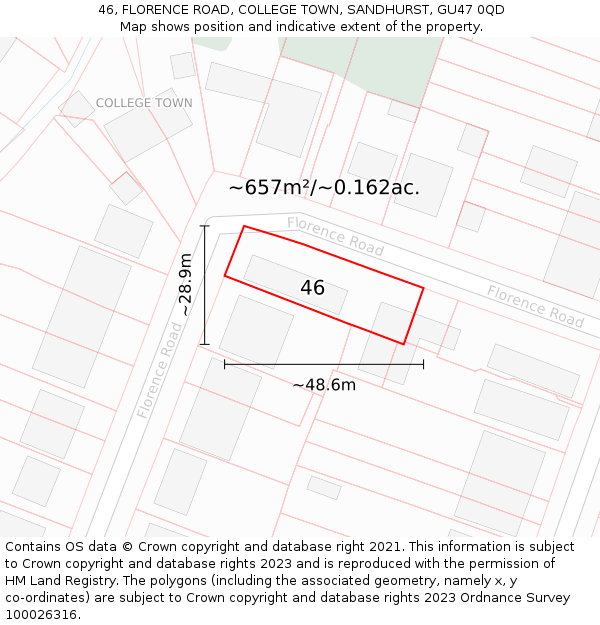 46, FLORENCE ROAD, COLLEGE TOWN, SANDHURST, GU47 0QD: Plot and title map
