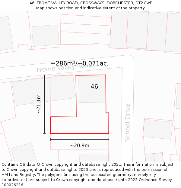 46, FROME VALLEY ROAD, CROSSWAYS, DORCHESTER, DT2 8WP: Plot and title map