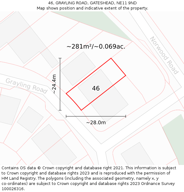 46, GRAYLING ROAD, GATESHEAD, NE11 9ND: Plot and title map
