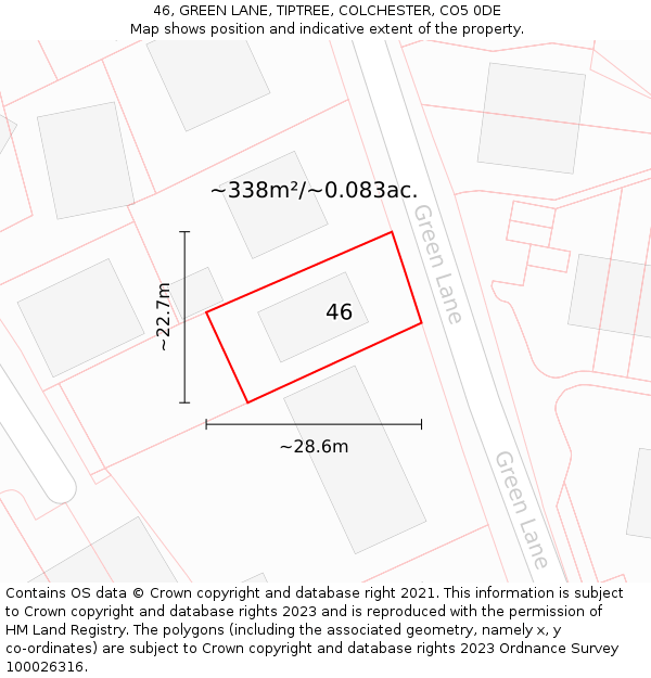 46, GREEN LANE, TIPTREE, COLCHESTER, CO5 0DE: Plot and title map