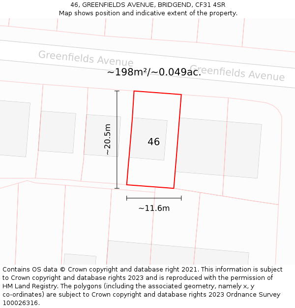 46, GREENFIELDS AVENUE, BRIDGEND, CF31 4SR: Plot and title map