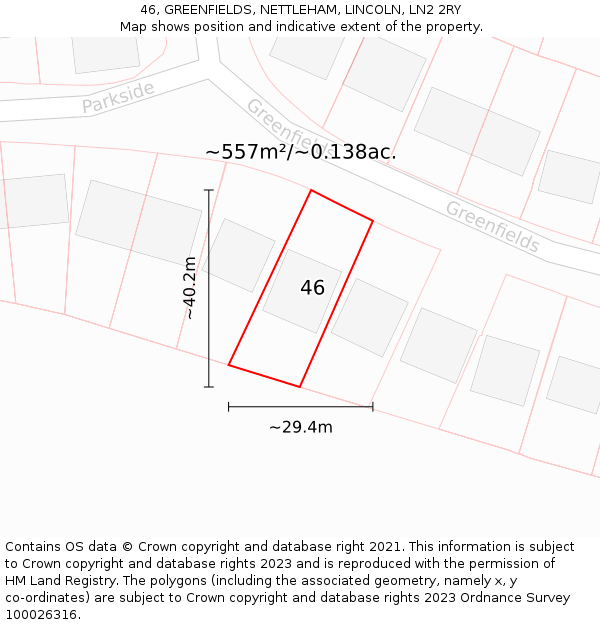 46, GREENFIELDS, NETTLEHAM, LINCOLN, LN2 2RY: Plot and title map