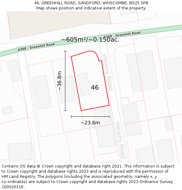 46, GREENHILL ROAD, SANDFORD, WINSCOMBE, BS25 5PB: Plot and title map